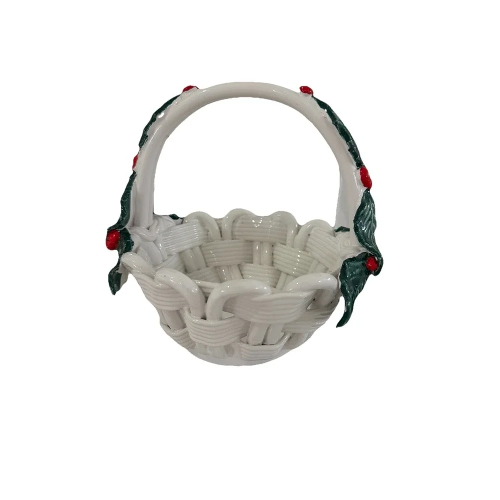 Vintage Ceramic Basket Handle Holly Berries Christmas 8